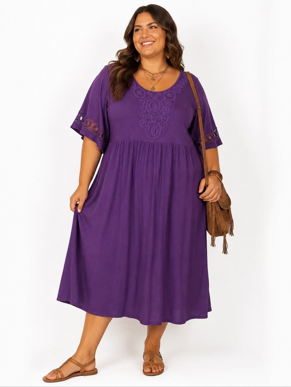 Woman Within Purple Embroidered Boho Midi Dress 3X 24/26 Bell Sleeve Cottagecore